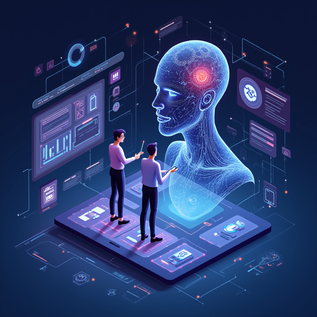 A sleek, modern illustration of a diverse digital team collaborating in an agile working environment using digital tools and workflows.