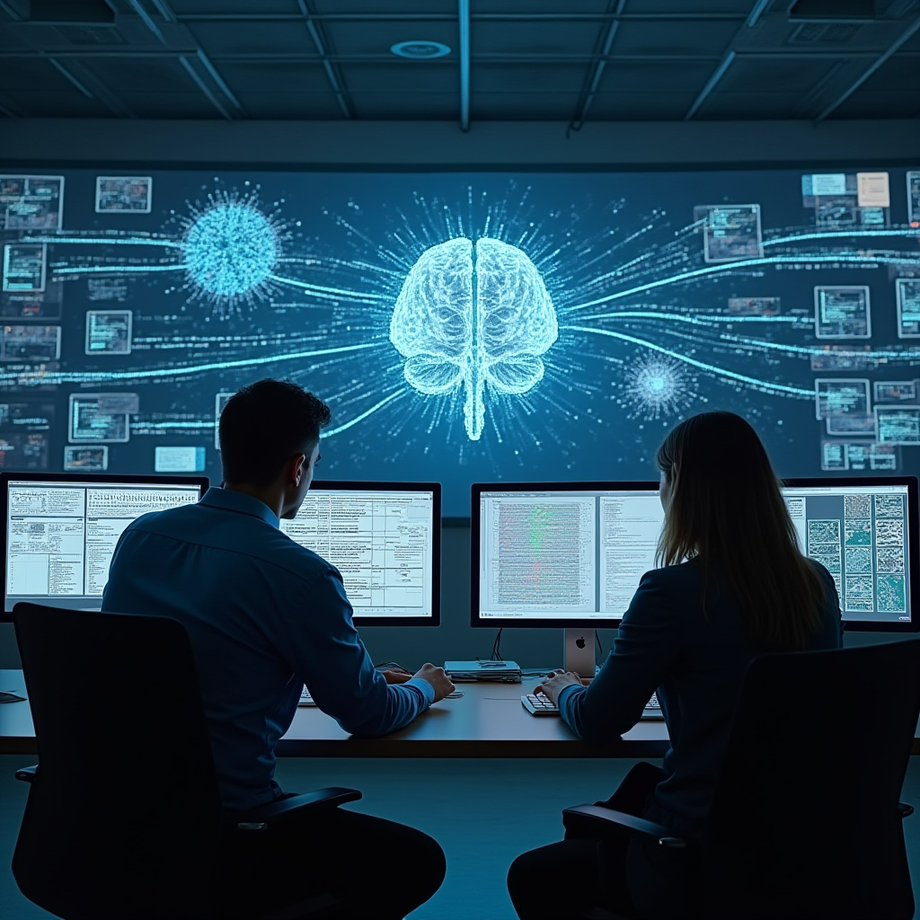 Engineers collaborating with advanced AI systems in a modern industrial setting — representing smart manufacturing, AI-powered engineering, and innovation-driven operations.