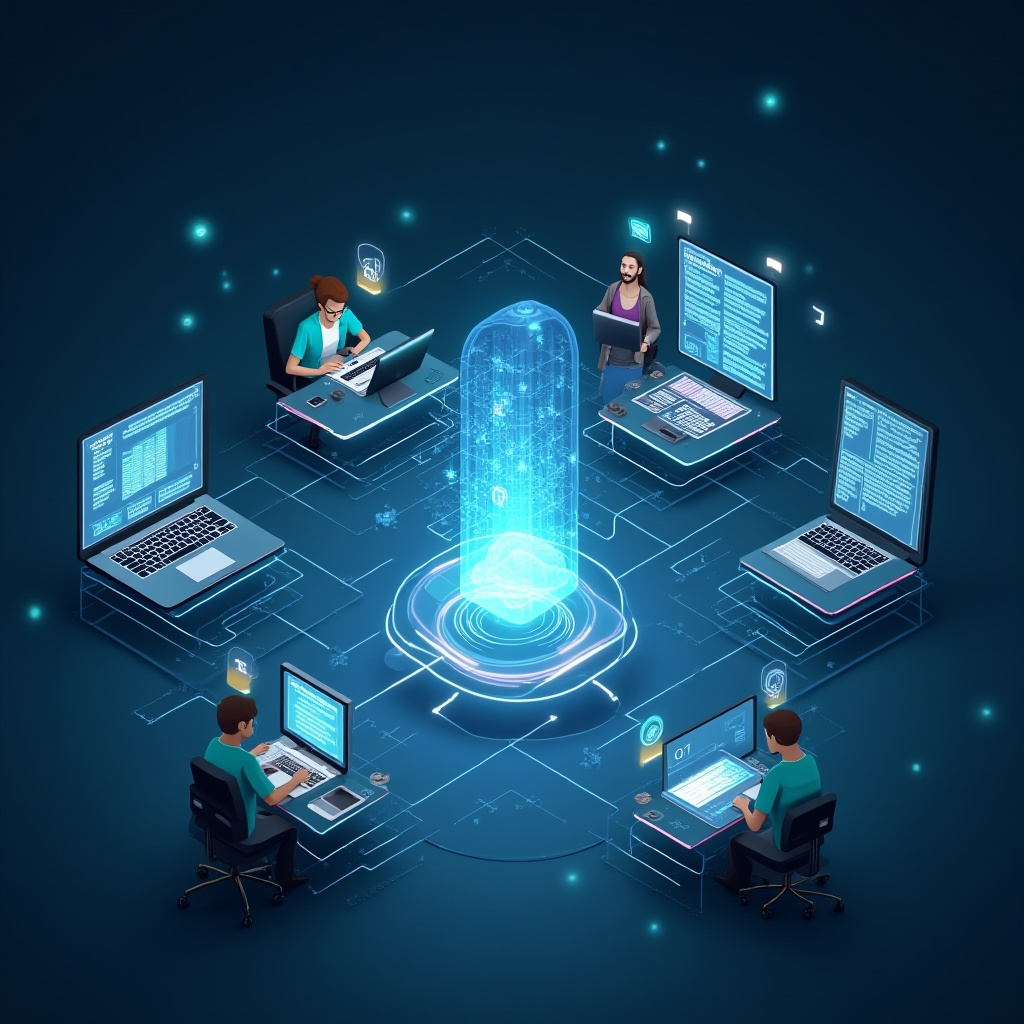 A high-tech digital quality assurance lab with integrated AI systems monitoring software performance in real-time.